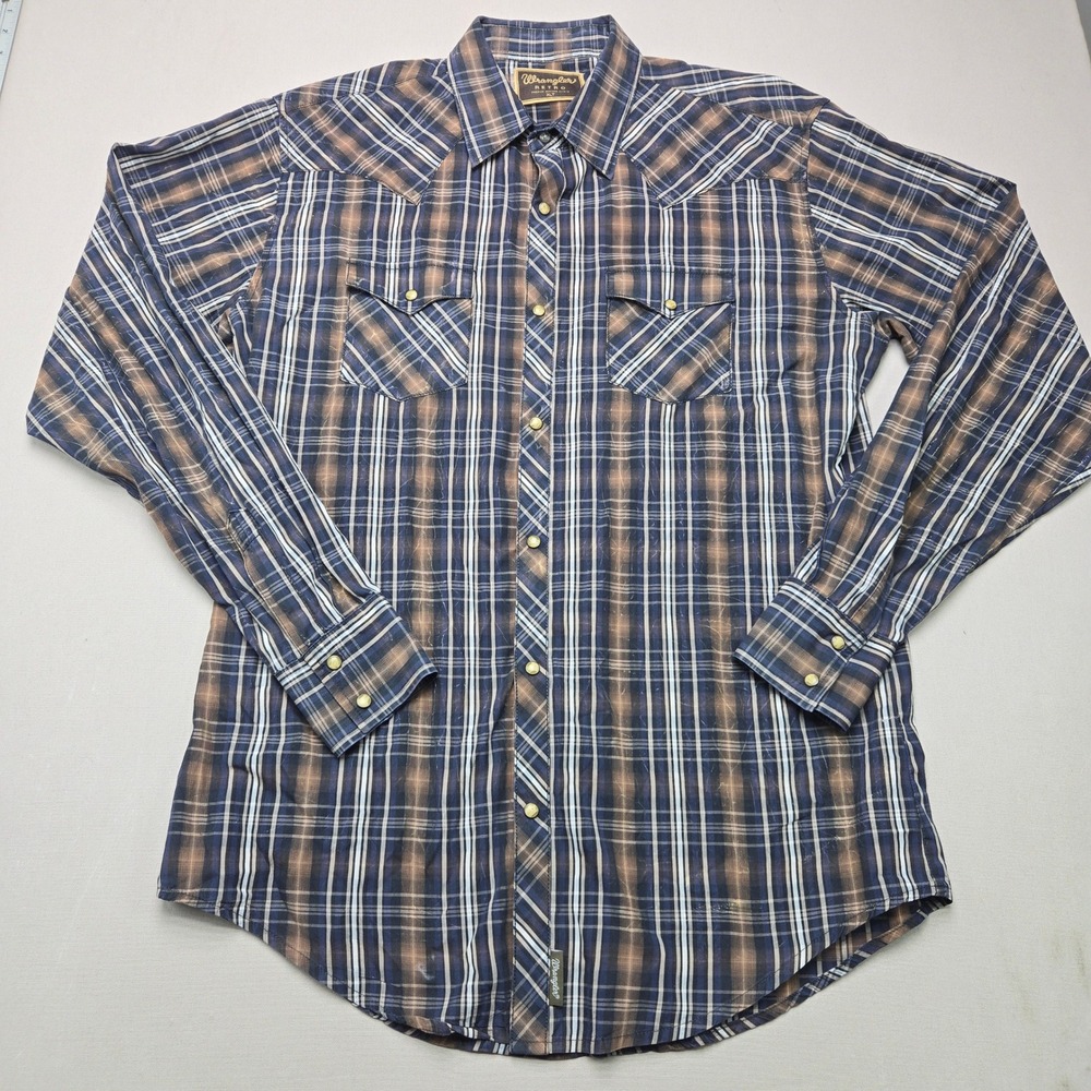 Wrangler Retro Western Shirt Plaid Snap Front Blue Brown Mens XLT MVR155M